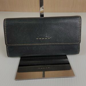 Fossil Black Genuine Leather Organizer Wallet w/ Removable Checkbook Insert